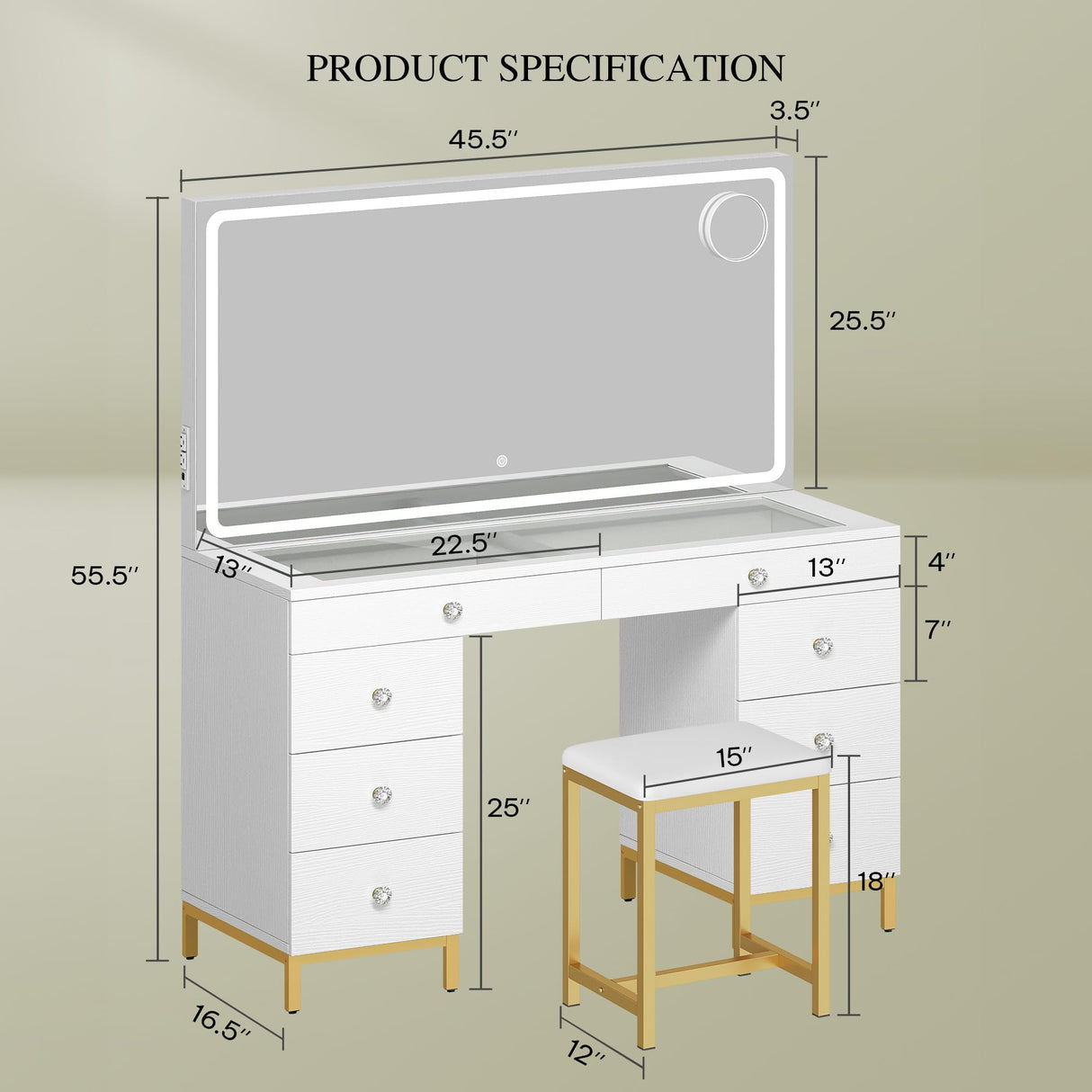 DWVO Vanity Desk with Mirror and Lights, Large Vanity Set with Charging Station, Makeup Table with 8 Drawers, Dimmable 3 Lighting Colors, Makeup Desk for Bedroom and Dressing Room, White DWVO