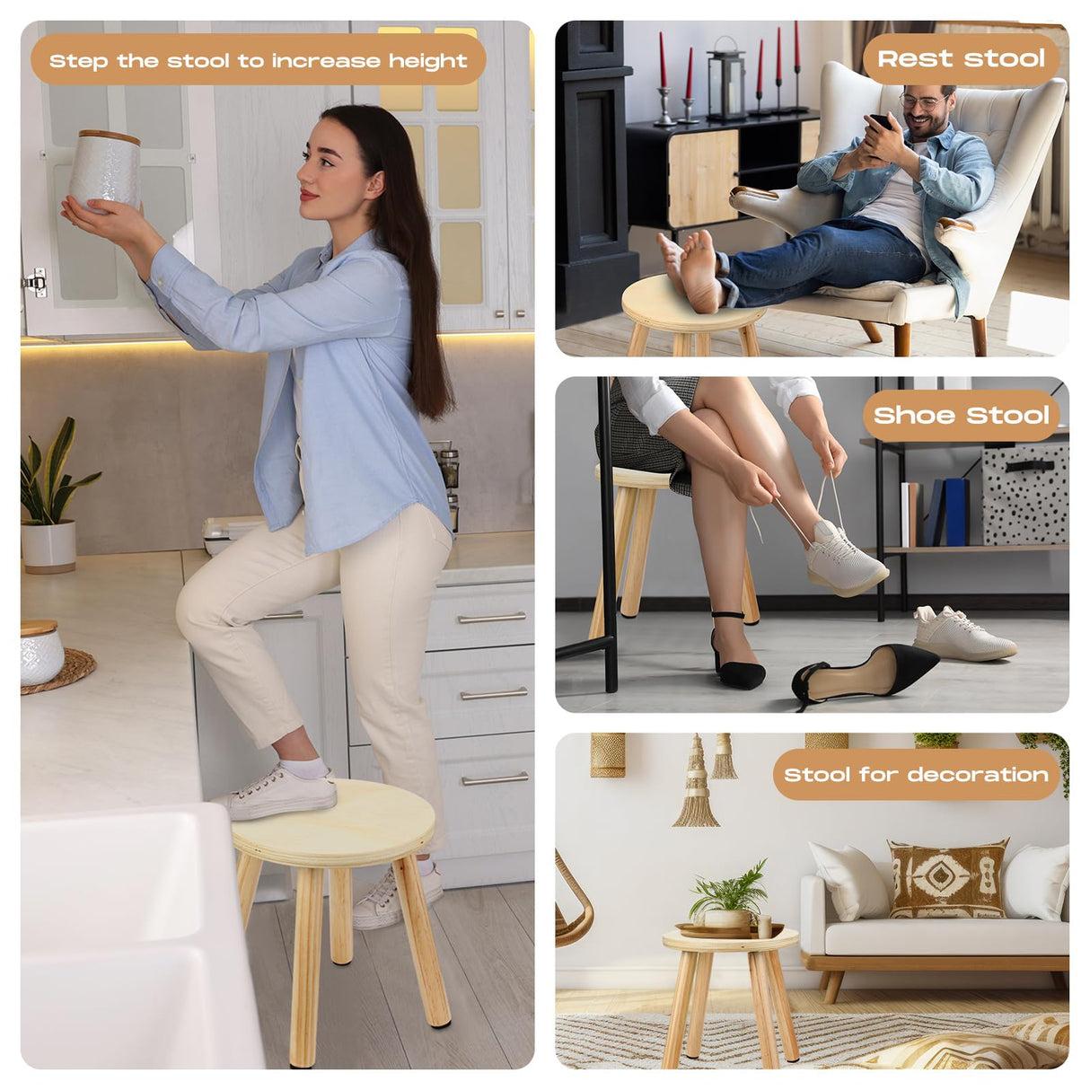 Wenqik 4 Pcs Wooden Step Stools 10 Inch Stool Matched Sensory Table Multi Purpose Solid Chair Round Small Chairs Four Legged Sitting Stool for Classroom Bedroom Playroom Wenqik