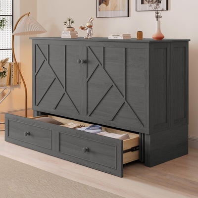ijuicy Queen Size Murphy Bed with Foam Mattress and Side Storage Board, Cube Cabinet Bed with Charging Station Large Storage Drawers, Space-Saving Foldable Hideaway Bed-Grey