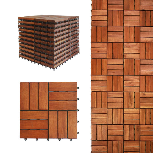 CLOVERHOLM Interlocking Deck Tiles - Waterproof 12” x 12” Acacia Wood Tiles, Patio Tiles for Indoor and Outdoor, Garden, Roof Terrace Tiles, 12 Slats Checker Pattern (10Pcs, Walnut, 12x12 inches)