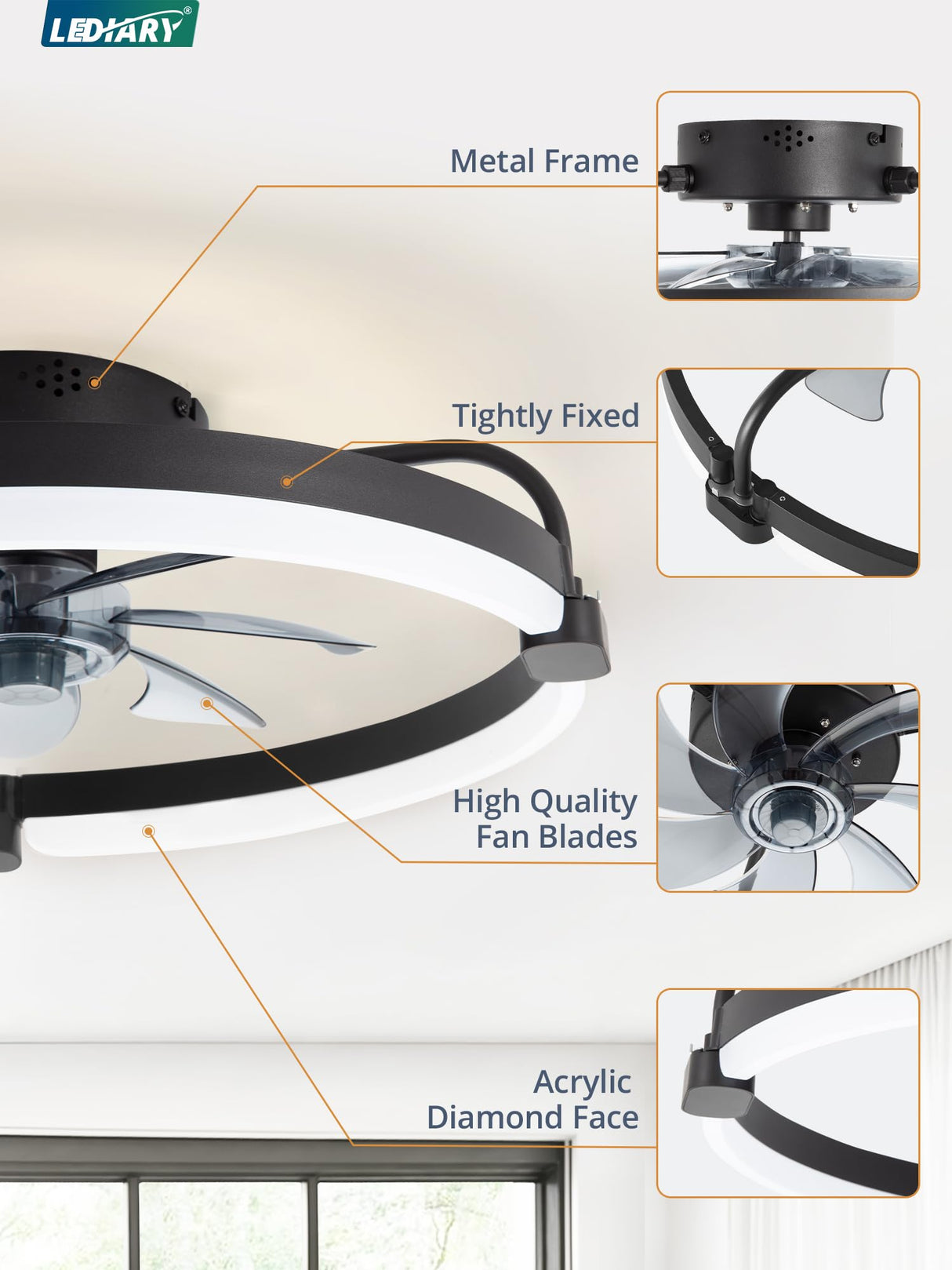 LEDIARY Ceiling Fans with Lights and Remote, 20'' Low Profile Ceiling Fan with Light, 3000-6000K Dimmable Fandelier LED Fan Light, 6 Wind Speeds, Black Modern Flush Mount Ceiling Fan for Bedroom LEDIARY