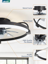 LEDIARY Ceiling Fans with Lights and Remote, 20'' Low Profile Ceiling Fan with Light, 3000-6000K Dimmable Fandelier LED Fan Light, 6 Wind Speeds, Black Modern Flush Mount Ceiling Fan for Bedroom LEDIARY