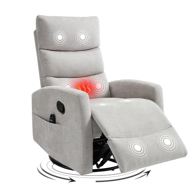 Trustyue Swivel Rocker Recliner Chair, 360° Swivel Recliner with Heat and Massage, Rocker Recliner Upholstered Fabric Nursery Glider Recliner Chair with Side Pockets for Living Room Light Grey