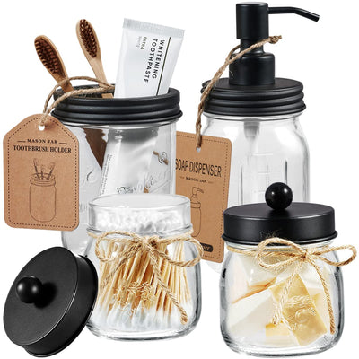 Amolliar Mason Jar Bathroom Accessories Set 4 Pcs -Lotion Soap Dispenser & 2 Cotton Swab Holders & Toothbrush Holder - Rustic Farmhouse Decor, Bathroom Home Decor, Perfect Decorating Idea (Black)