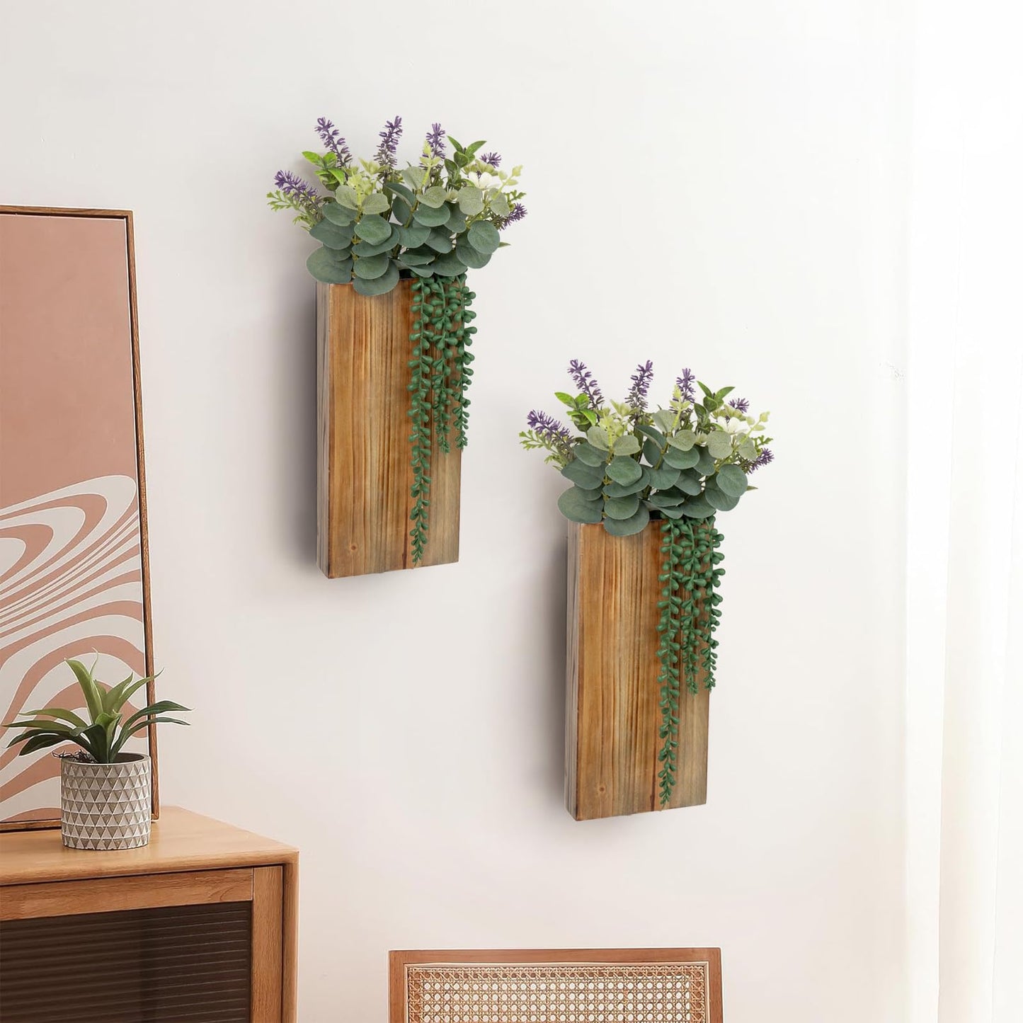 Wood Wall Planters 2 Pack with Artificial Greenery Plants - Pocket Wall Vases for Dried Flowers - Wood Wall Decor Hanging Planters for Living Room, Bedroom, Home Decor - Brown