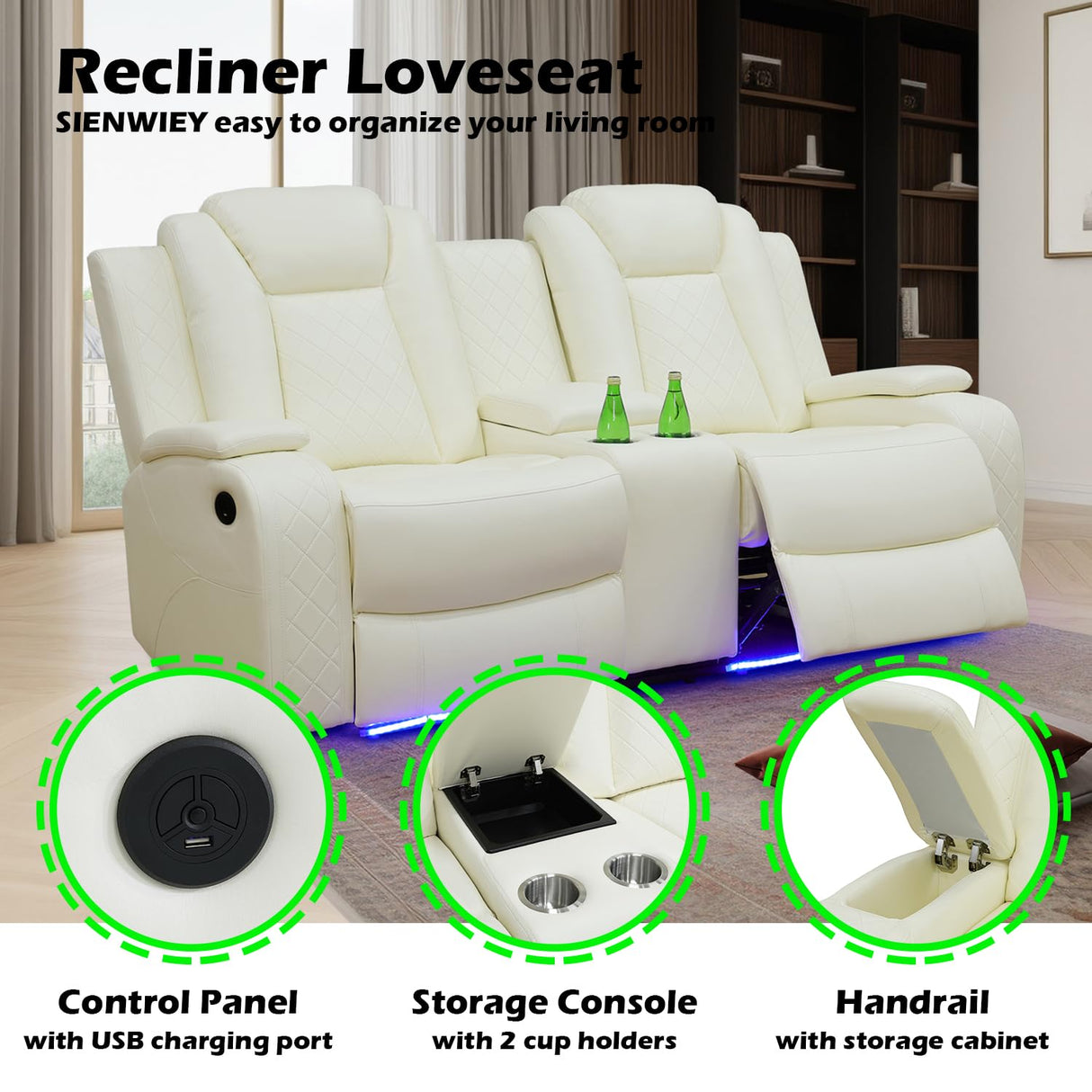 SIENWIEY Power Leather Recliner Set for Living Room, Electric Reclining Sofa and Loveseat Set with LED Lights, White Leather Sofa Set 2 Pieces with 3 Seats Sofa，Double Recliner Loveseat SIENWIEY