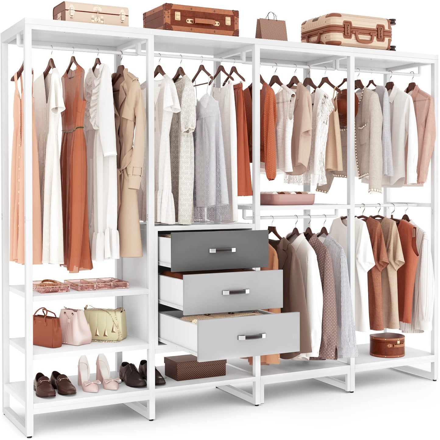 Aheaplus Wood Clothes Rack Wardrobe Closet for Hanging Clothes Heavy Duty Garment Rack, Large Corner L Shaped Closet System Organizer Walk-in Closet for Bedroom with 3 Wood Drawers,-S1, White and Grey