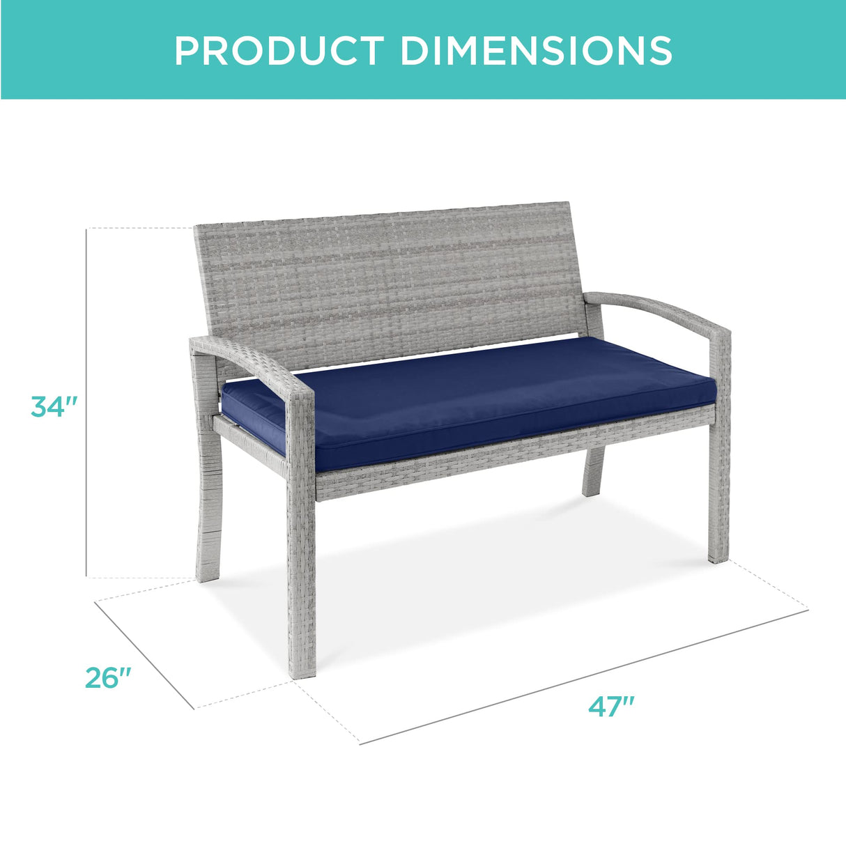 Best Choice Products Outdoor Bench 2-Person Wicker Garden Patio Benches Seating Furniture for Backyard, Porch w/Seat Cushion, 700lb Capacity - Gray/Navy Best Choice Products