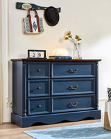 6 Drawers Dresser, Farmhouse Chest of Drawers with Charging Station, Refined Blue Finish Design, Modern Storage Dressers Organizer TV Stand for Bedroom, Living Room, Hallway, Indigo Blue LegacyAmerhome