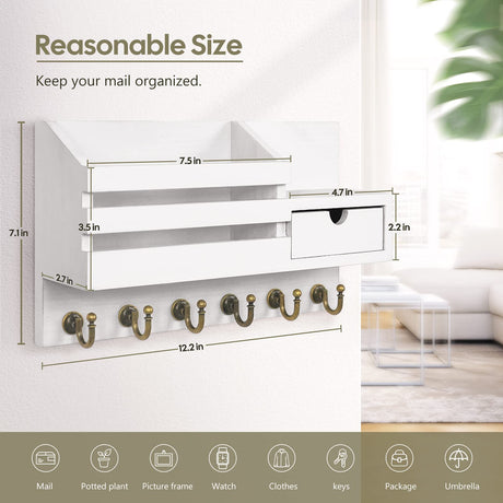FifthQuarter Key and Mail Holder For Wall, Mail Organizer Wall Mount with 6 Hooks and Storage Drawer, Easy Installation Key Rack for Entryway and Home Decor (A-White) FifthQuarter