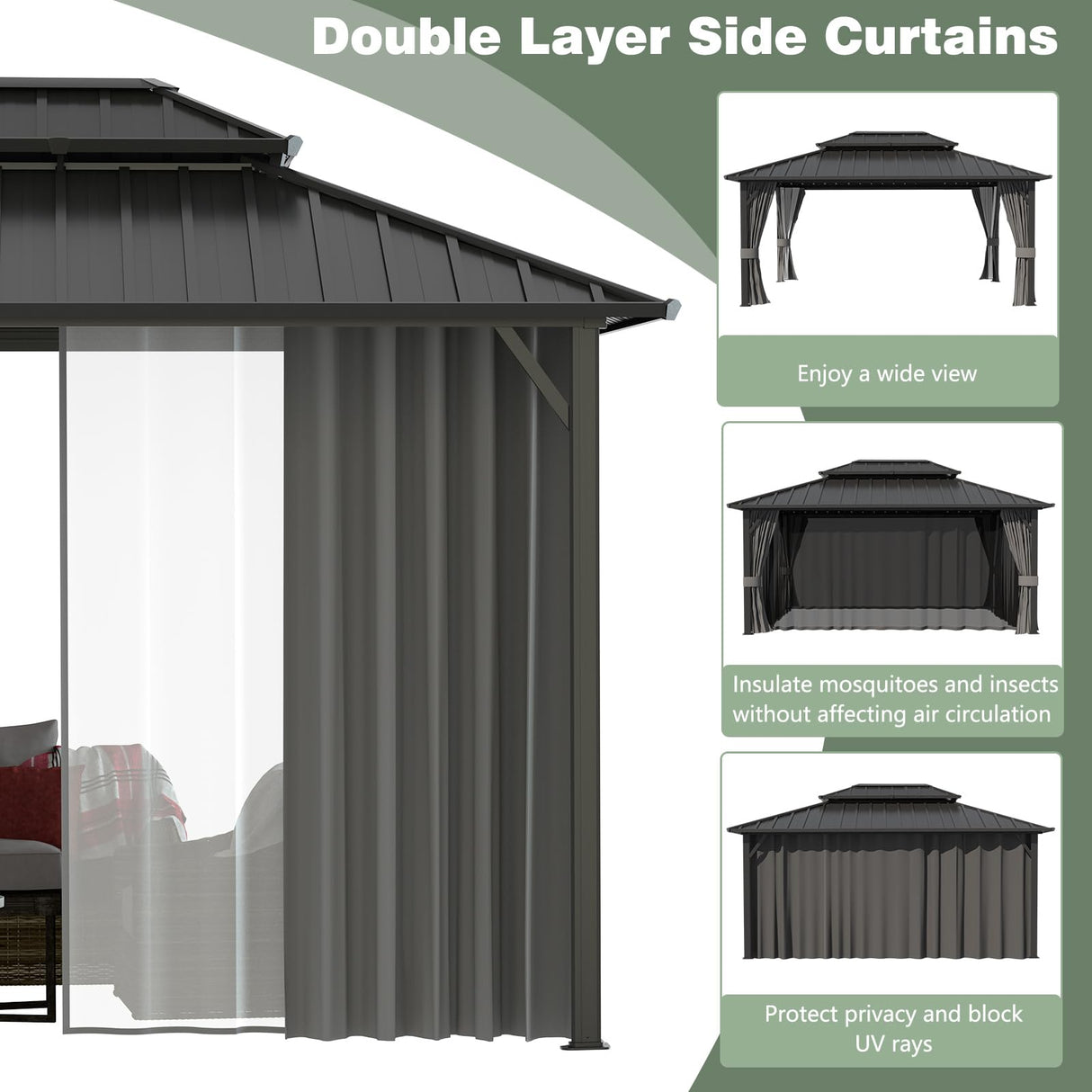 Yardenaler 12x14 FT Hardtop Gazebo Canopy with Double Galvanized Steel Roof, Permanent Outdoor Pavilion with Curtain & Mesh Netting for Patio. Garden, Backyard, Black Yardenaler