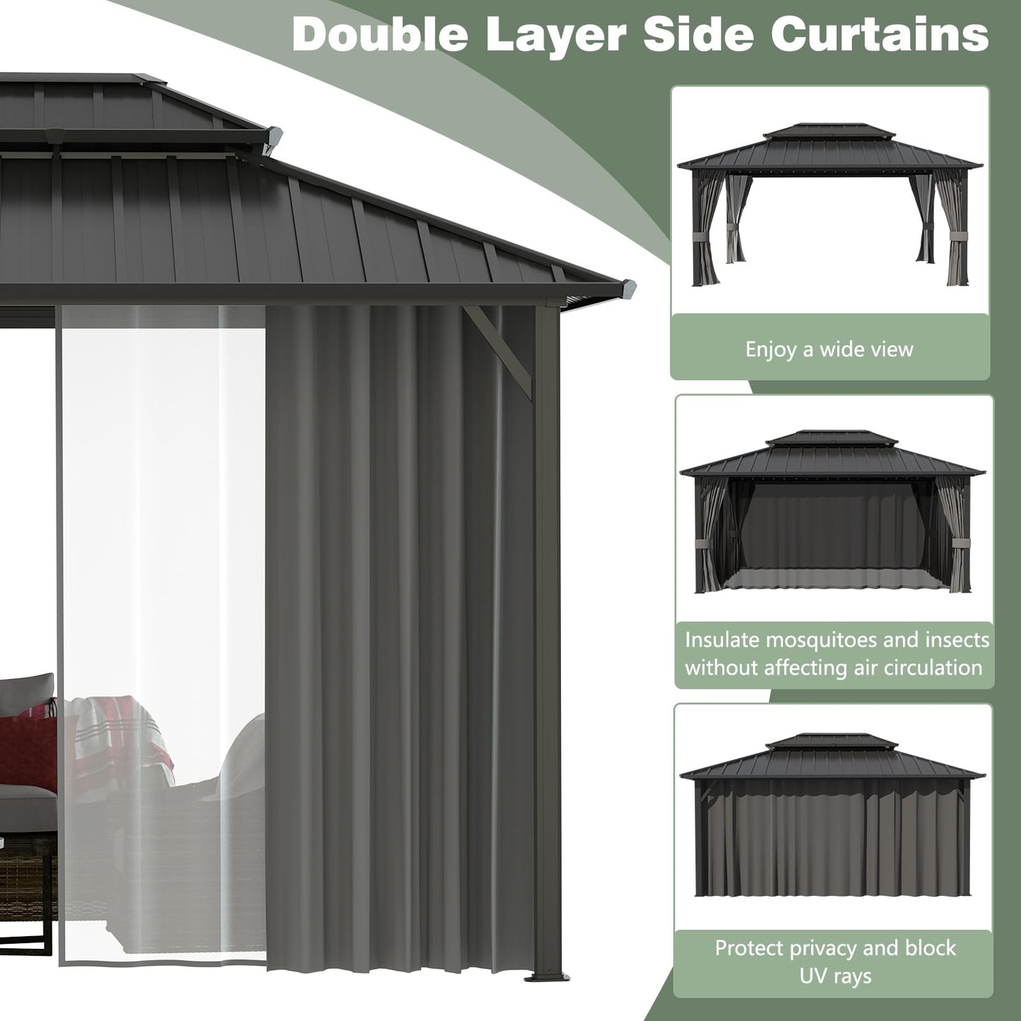 Yardenaler 12x14 FT Hardtop Gazebo Canopy with Double Galvanized Steel Roof, Permanent Outdoor Pavilion with Curtain & Mesh Netting for Patio. Garden, Backyard, Black - WoodArtSupply