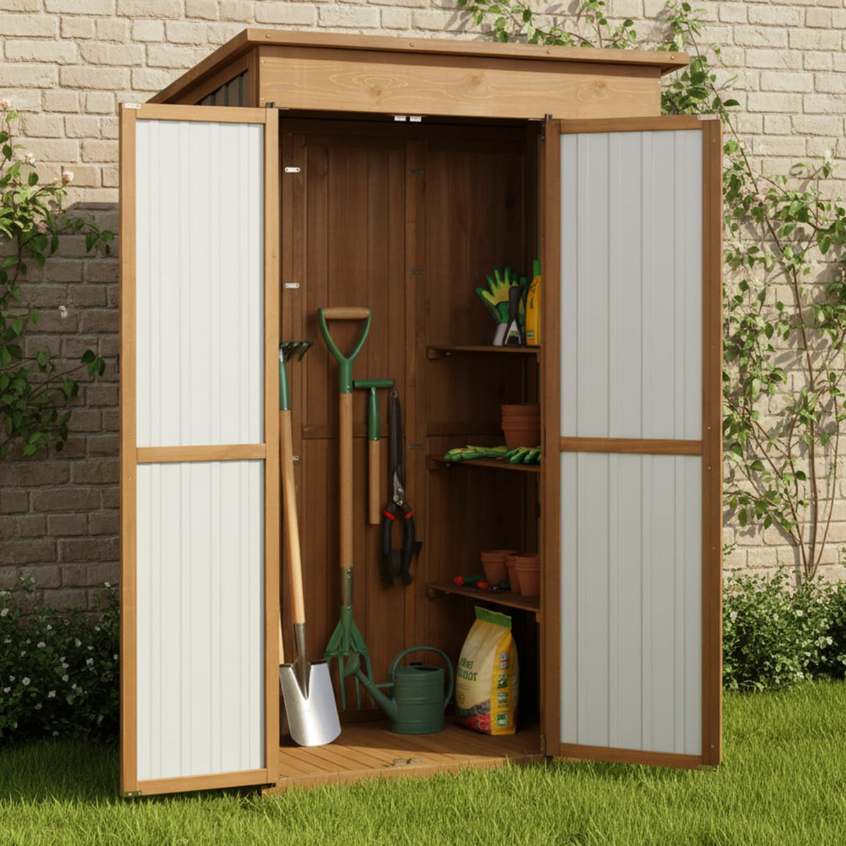 51" L Outdoor Storage Cabinet Waterproof with Shelves, Outside Storage Shed Backyard Tall Cabinet with Fold-Out Table for Patio, Garage, Garden, Pool Accessories Storage PetsCosset