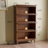 Solid Wood Bookcase 4 Tier With Tempered Glass Doors 60 Inch, Kitchen Pantry Display Cabinet, Brown Finish Cube Storage Organizer, Bookshelf Versatile Storage With For Home Office(No Light Strip) AQIMUELE