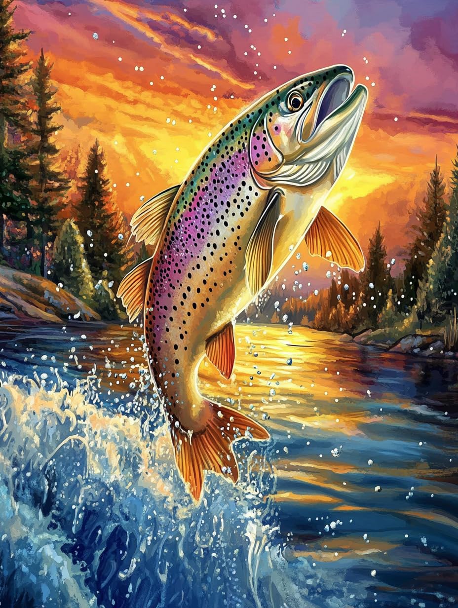 5D Trout Fish Jump from Water Sunset Diamond Art 12x16 Inch Full Drill Diamond Painting Kits for Adults & Beginners - DIY Art Crafts for Relaxation and Home Wall Decor 1 2 Generic