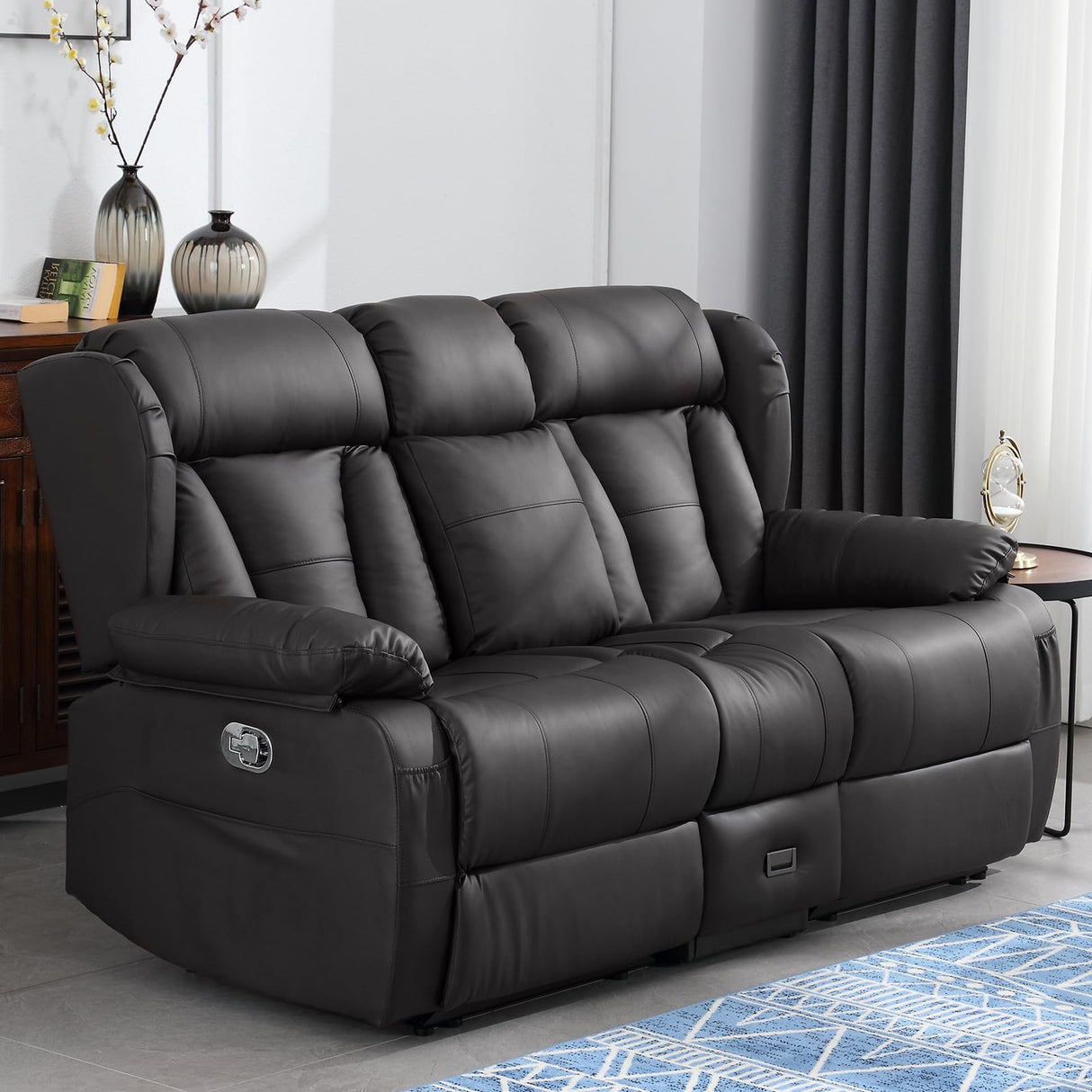 IBTKIG 72.8" Manual Reclining Loveseat Sofa - Wall Hugger Double Loveseat Recliner with Console, Fold-Down Table and Built-in Outlets, Manual Recliner Chair for Living Room RVs Home Theater (Black) IBTKIG