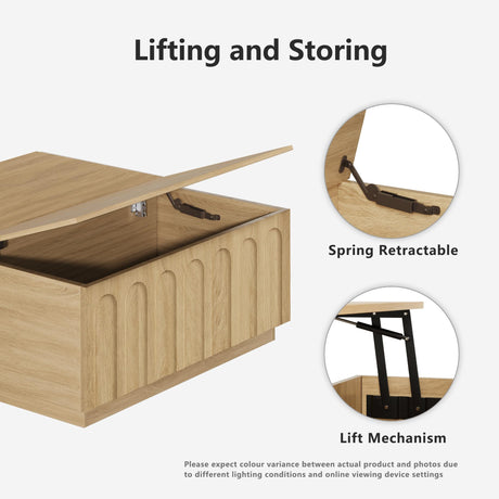 FORTUNETEC Lift Top Coffee Table with Storage, Modern Coffee Table with Arched Design, 31.5" Square Tea Table with Wood Grain, Boho Multifunctional Center Table for Living Room, Office, Oak FORTUNETEC