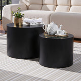 Nesting Coffee Table Set of 2, Modern Round Coffee Table with Non-Slip Feet, Wooden Circle Accent Tables for Small Spaces Living Room Bedroom Balcony Office Drum Side Table (Black) ivoros