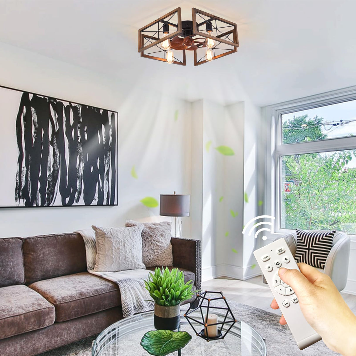 Capslpad 20''Farmhouse Flush Mount Ceiling Fan with Light and Remote Control,Industry Wood Low Profile Fan Rustic Industrial Caged Indoor Ceiling Fan for Bedroom Living Room Kitchen (4-Light) Capslpad