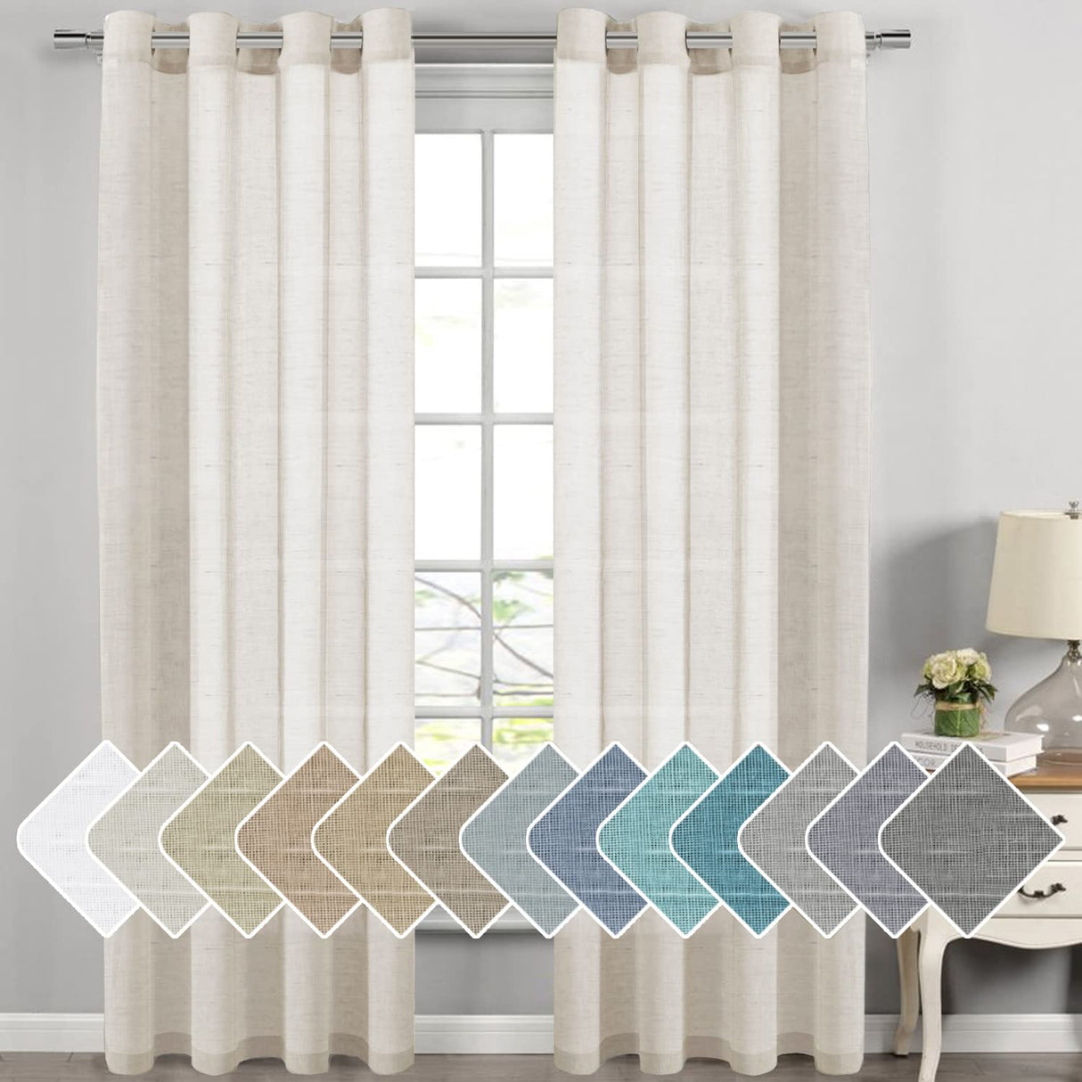 H.VERSAILTEX Linen Curtains Flax Linen Blended Curtain Panels for Living Room/Bedroom Semi Sheer Privacy Curtains 108 inch Length 2 Panels Set Nickel Grommet Window Drapes, Natural H.VERSAILTEX