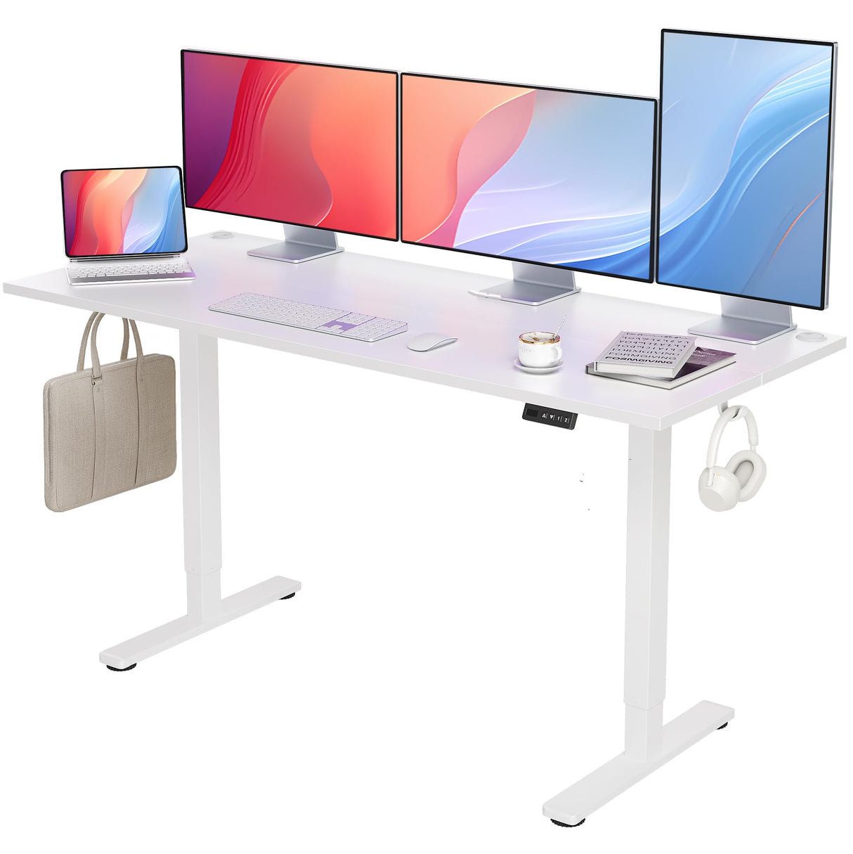Seang Electric Standing Desk with Adjustable Height, 63x24 Inch Stand Up Desk, Sit Stand Desk with Splice Board for Home Office Computer Workstation, White Frame/White Top Seang