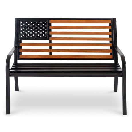50" Outdoor Garden Bench, Cast Iron Metal Frame Patio and Porch Welcome Benches with Classic Americana Style Backrest and Weatherproof Seat, Park Decorative Memorial Bench (Black & Woodgrain Colors) Attliahome