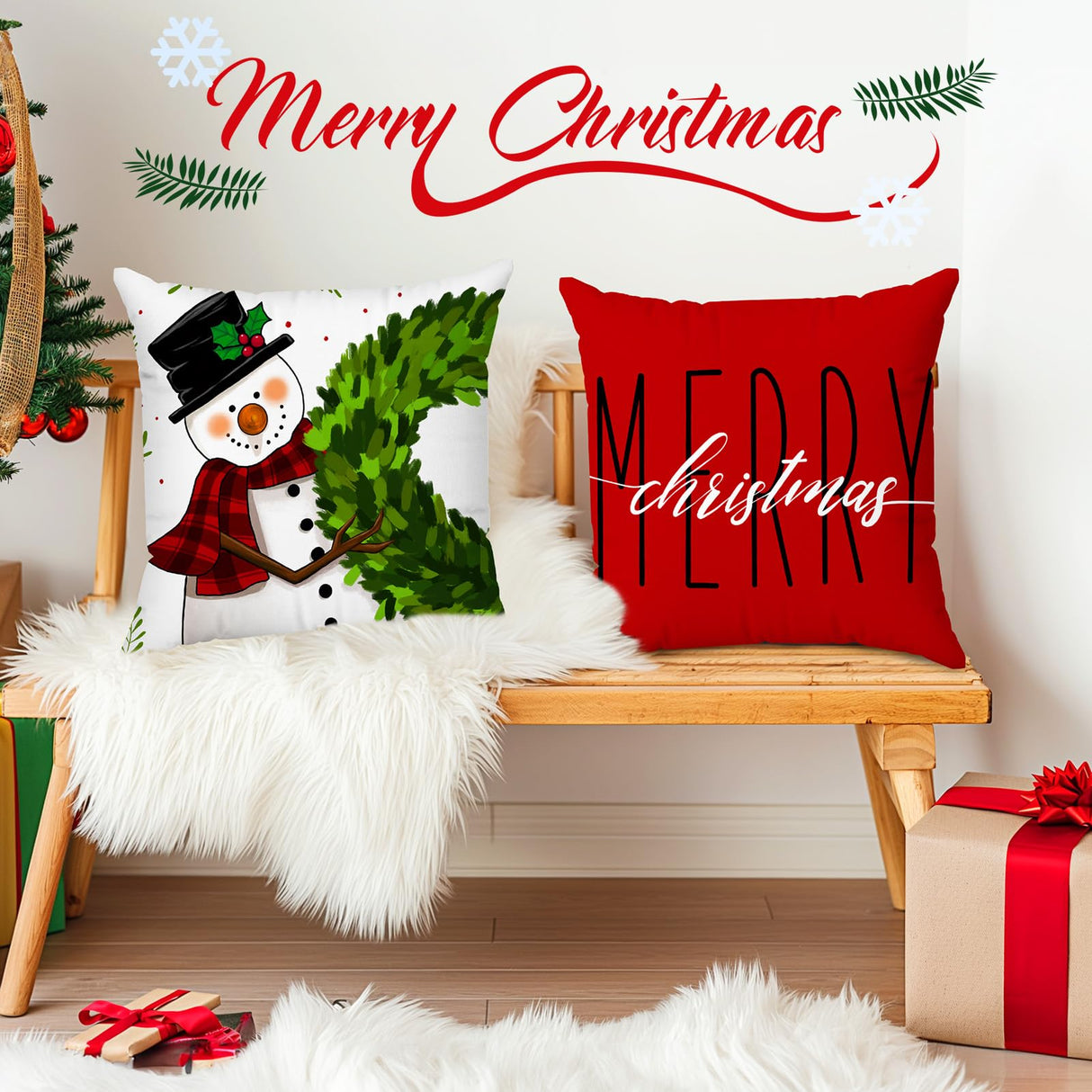 Brightown Red Christmas Pillow Covers 18x18 Set of 4 Christmas Decorations Winter Holiday Decor Throw Cushion Case for Home Couch Brightown