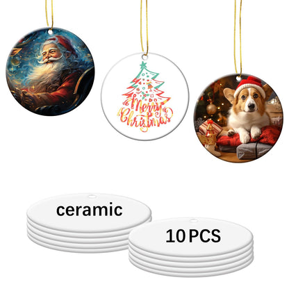 10 PCS Sublimation Ceramic Ornament Blank 3 inch Round Two-Sided Printed White Ceramic Decoration Handmade DIY Personalized Christmas Home Decoration Bulk