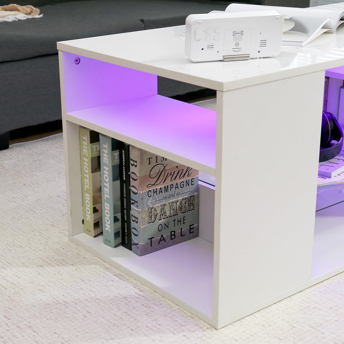 LED Coffee Tables for Living Room Modern Coffee Table White with 3 Shelves Open Glass Storage High Glossy Center Table Sofa Cocktail Table with LED Lights for Home Furniture - WoodArtSupply