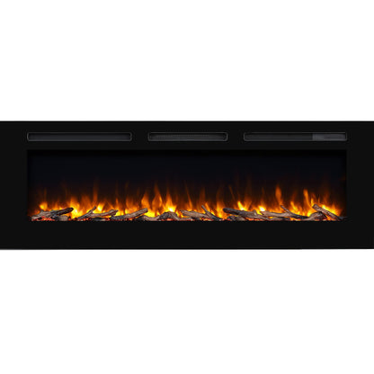 PuraFlame Alice 60 Inches Recessed Electric Fireplace, Flush Mounted for 2 X 6 Stud, Log Set & Crystal, 1500W Heater, Remote Control, Black