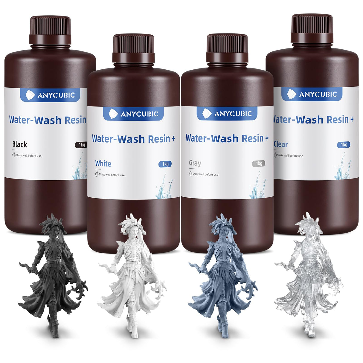 ANYCUBIC Water Washable 3D Printer Resin Bundle, 405nm High Precision 3D Resin, Low Shrinkage Photopolymer Resin for LCD Resin 3D Printer (Grey+Clear+White+Black,1kg per Bottle, 4kg in Total) ANYCUBIC