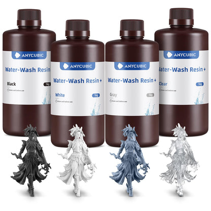 ANYCUBIC Water Washable 3D Printer Resin Bundle, 405nm High Precision 3D Resin, Low Shrinkage Photopolymer Resin for LCD Resin 3D Printer (Grey+Clear+White+Black,1kg per Bottle, 4kg in Total)