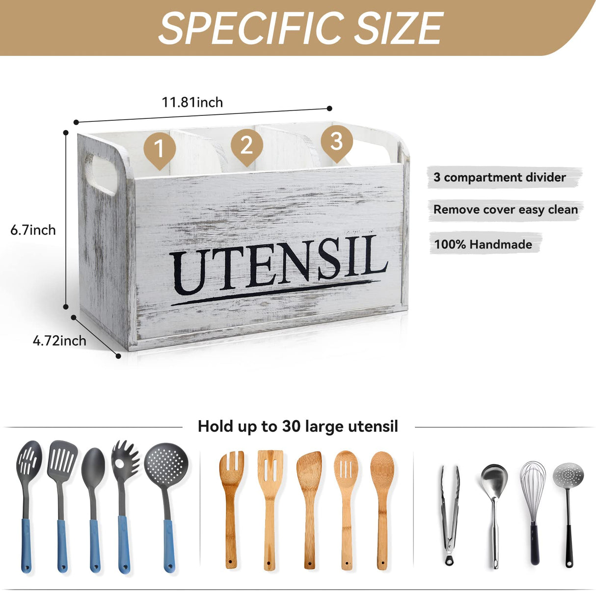 brekle White Kitchen Utensil Holder Rustic Large Wooden Utensil Organizer Cooking Tools Storage brekle