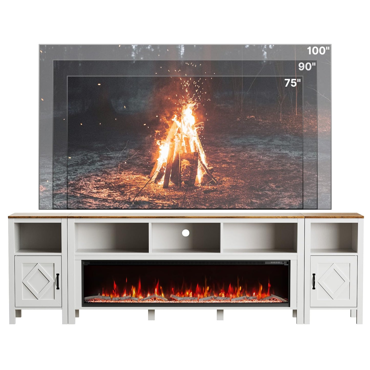 BVIUNTWO Fireplace TV Stand for TVs Up to 110 Inch,Farmhouse Entertainment Center with 60" Electric Fireplace,White TV Console with Storage Cabinets for Living Room,Bedroom