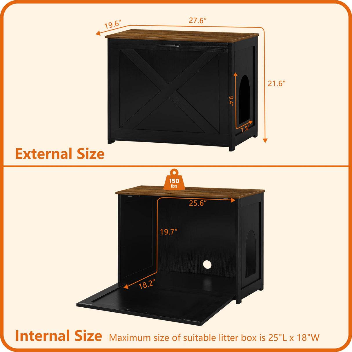 Dwanton Cat Litter Box Furniture Hidden, Cat Litter Box Enclosure, Reversible Entrance Can Be on Left or Right Side, Indoor Cabinet, Wooden Washroom, End Table, Black and Warm Brown, 27.6" L Dwanton