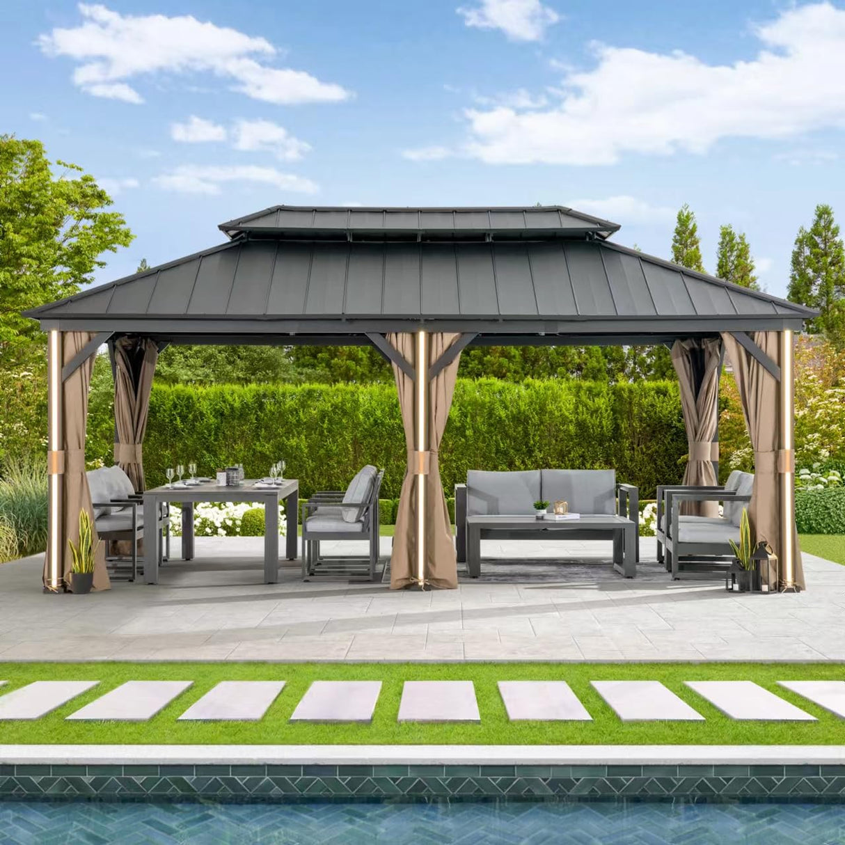 Modern Shade Hardtop Gazebo 12' x 20' Gazebo with 6 LED Lights, Outdoor Gazebo with Galvanized Steel Double Roof, Metal Gazebo with USB & USB-C Charging Port Deck, Netting and Curtains for Patios Modern Shade Outdoor Living Spaces