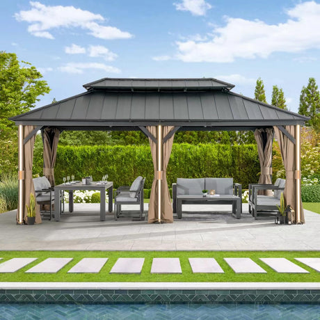 Modern Shade Hardtop Gazebo 12' x 20' Gazebo with 6 LED Lights, Outdoor Gazebo with Galvanized Steel Double Roof, Metal Gazebo with USB & USB-C Charging Port Deck, Netting and Curtains for Patios Modern Shade Outdoor Living Spaces