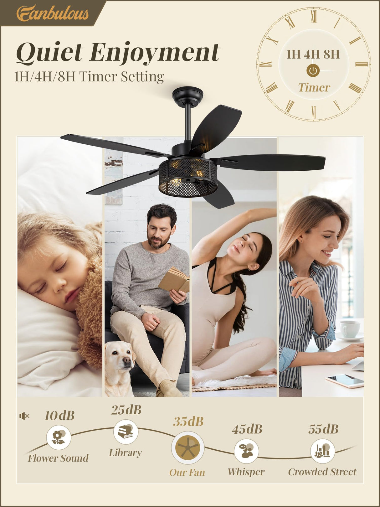 52 Inch Farmhouse Ceiling Fan with Light and Remote, Black Industrial Caged Ceiling Fans Flush Mount, 5 Dual Finish Blades, 6-Speed Reversible Quiet DC Motor, Rustic Design for Bedroom, Living Room Fanbulous