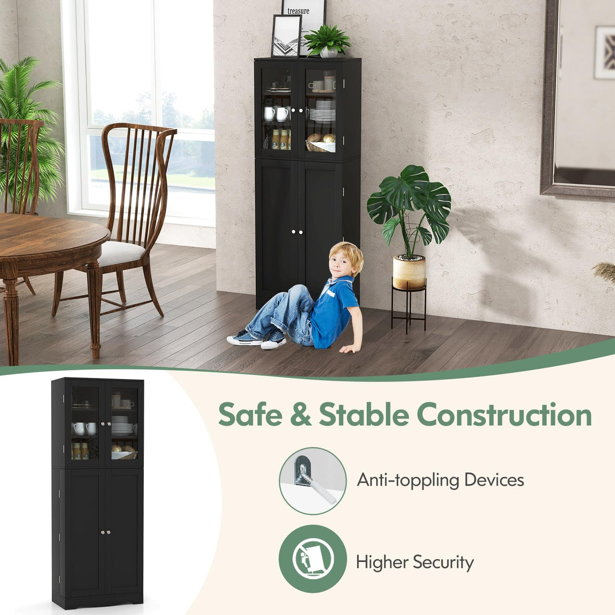 Giantex 63.5" Pantry Organizers and Storage, Freestanding Tall Storage Cabinet for Kitchen Bathroom Living Room Office, Wooden Utility Cupboard with Glass Doors & Shelves, 12.5"x24"x63.5" (Black) Giantex