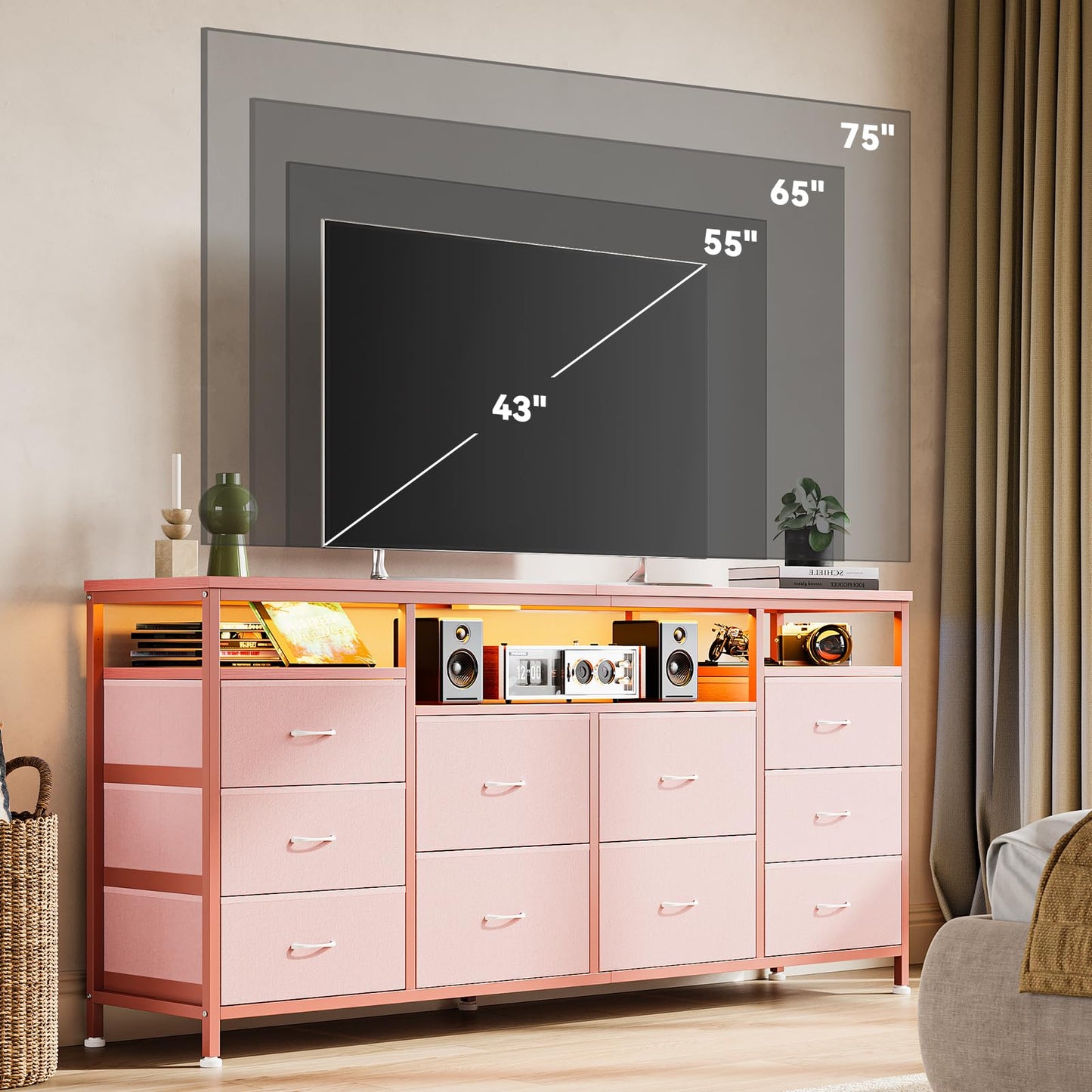 63.3 Inch Dresser for Bedroom, 10 Drawer Dresser TV Stand for 65 70 75 Inch TV, Fabric Chest of Drawers with LED Lights & Power Outlets, Long Entertainment Center for Closet, Living Room, Entryway