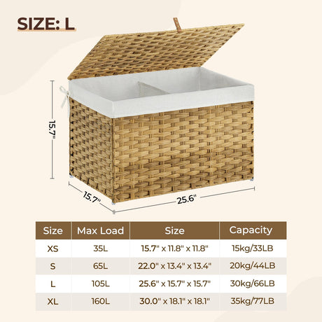 GREENSTELL Storage Basket with Lid, Handwoven Blanket Storage Basket with Cotton Liner and Metal Frame, Foldable & Easy to Install, Shelf Basket with Handle for Bedroom, Laundry Room Natural 105L GREENSTELL