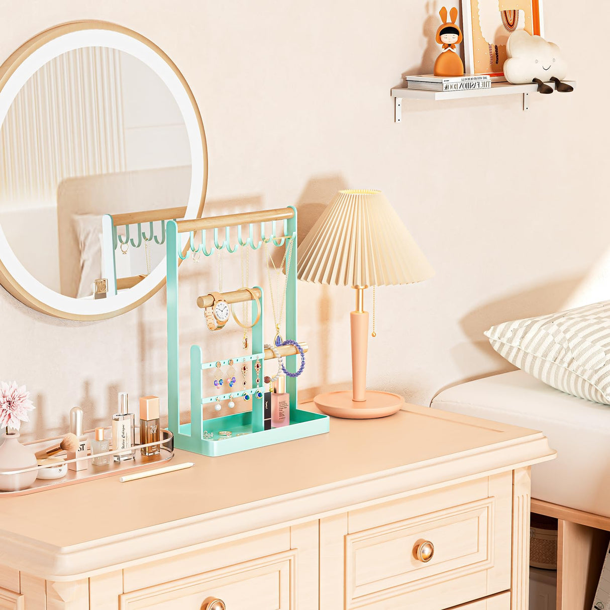 ProCase Jewelry Organizer Stand Necklace Holder, 4-Tier Jewelry Tower Rack with Earring Tray, 10 Hooks Necklaces Hanging Small Jewelry Display Storage Tree for Bracelets Earrings Rings Watches -Blue ProCase