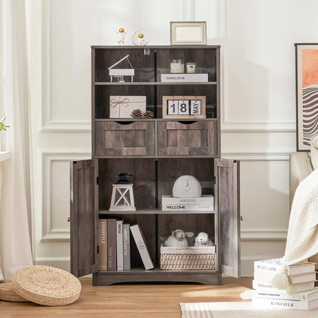 Iwell Tall Storage Cabinet with 2 Drawers & Adjustable Shelves, Bathroom Cabinet with Doors, Cupboard, Floor Cabinet for Living Room, Bedroom, Entryway, Rustic Gray Iwell