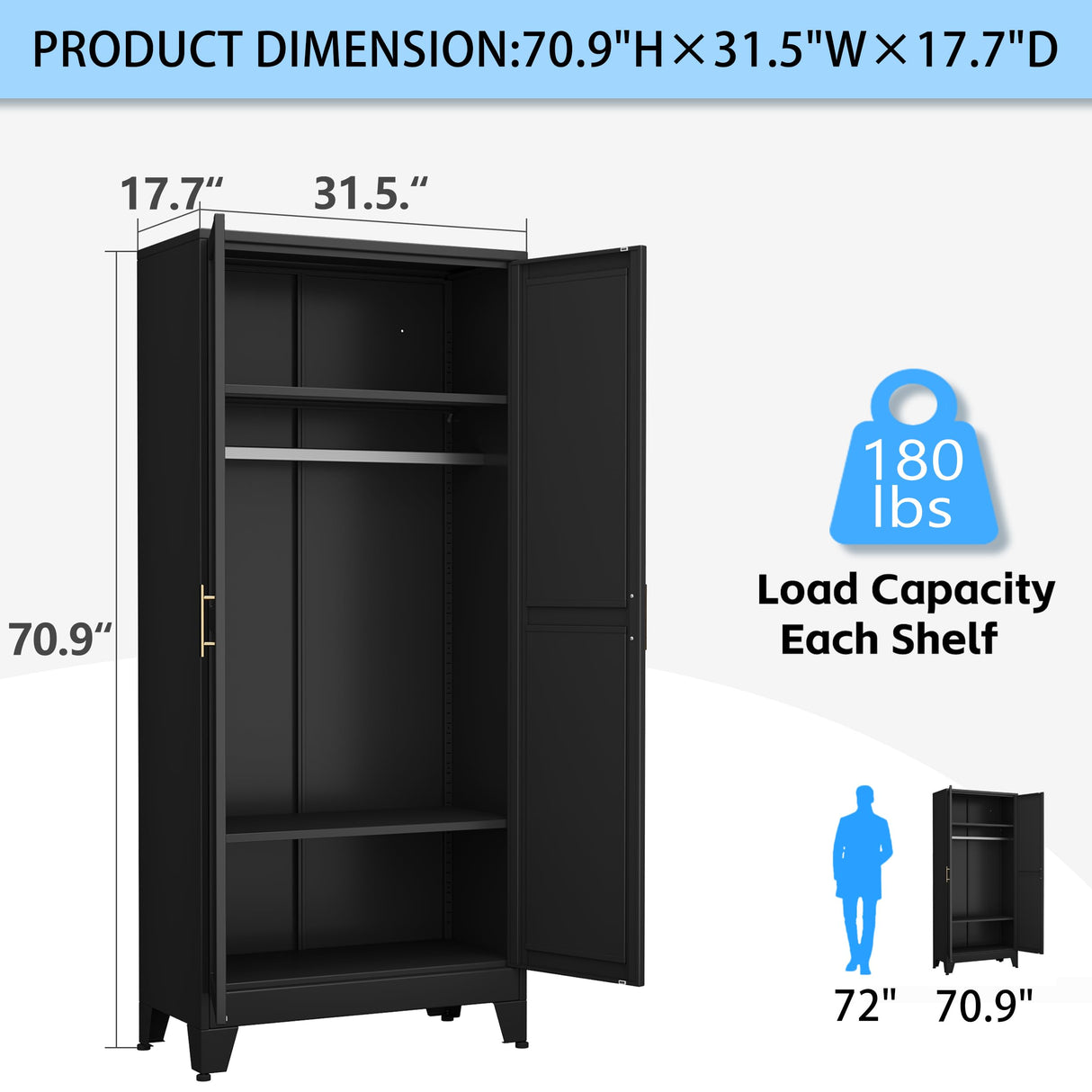 erosoei 71 "Metal Armoire Wardrobe Closet, Steel Clothing Storage Cabinet with Adjustable Shelves and Hanging Rod, Household Steel Wardrobe Storage Cabinet with Adjustable Standing feet（Black） erosoei