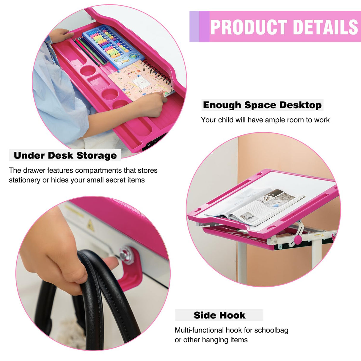 PayLessHere Kids Desk and Chair Set,Height Adjustable Study Desk for Kids with Pull Out Drawer Storage,Multi-function Study Desk and Chair for Writing, Reading and Drawing (Pink) PayLessHere