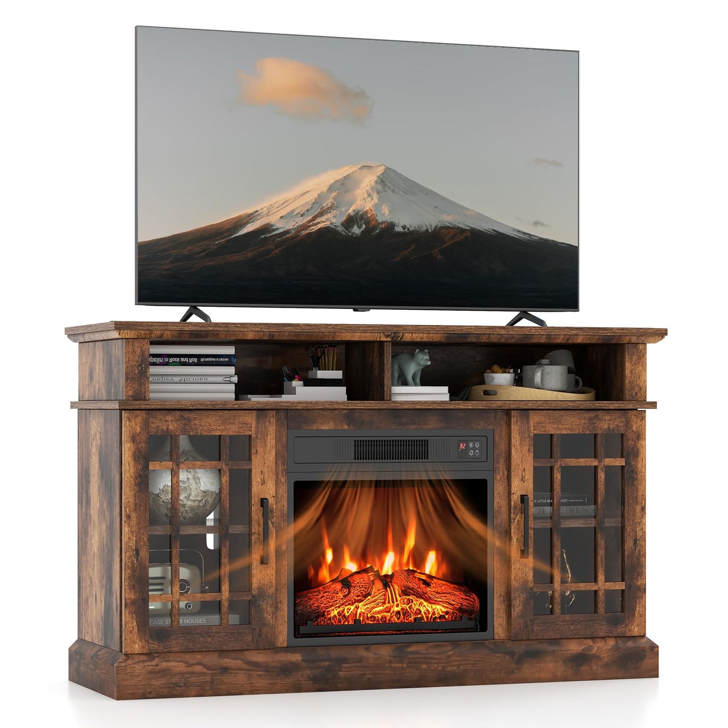 SIMOE Fireplace TV Stand for 55 TV, 48 Inch Tv Stand with 18 Inch Electric Fireplace Heater, Mondern Tv Console w/Cabinets & Doors, 6H Timer & Remote Control for Living Room, Home