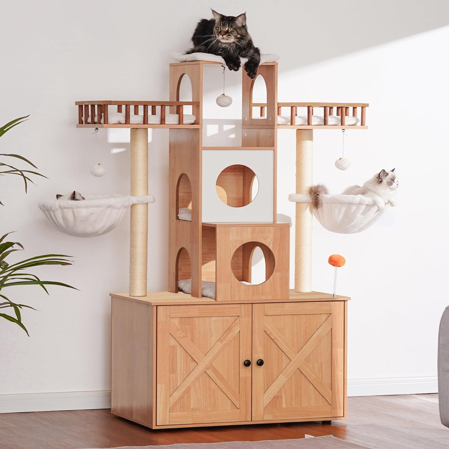 Heybly Cat Tree with Litter Box Enclosure for Indoor Big Cat, Cat Tower for Large Cats 20 lbs Heavy Duty,Modern Cat Condo Furniture with Scratching Posts, Walnut HCT110WB - WoodArtSupply