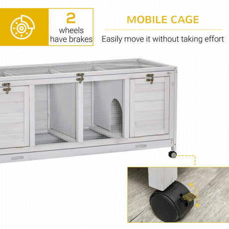 PawHut Wooden Rabbit Hutch, Bunny Cage with Wheels, Dividers, Openable Roof, Removable Trays, Small Animal Cages for 1-2 Rabbits, Indoor Outdoor Use, Light Gray PawHut