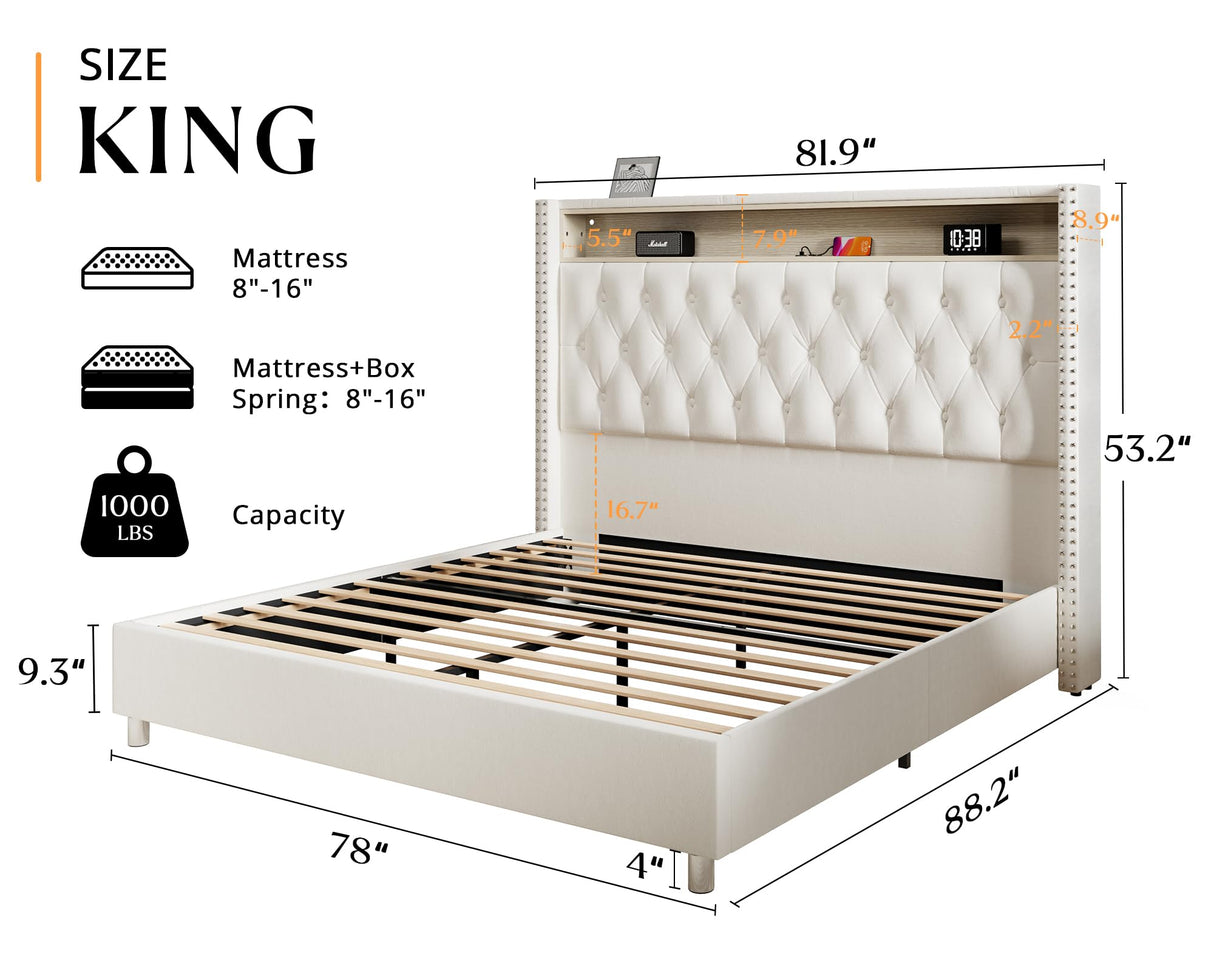 Jocisland King Size Bed Frame 53.6'' Tall Headboard LED Lights and Charging Station, Velvet Hign Upholstered Platform Bed Wingback Storage, No Box Spring Needed, Motion Activated Light, Cream Jocisland