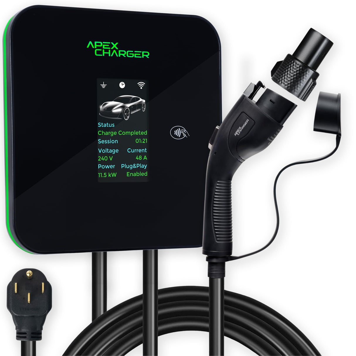 MACH 2:Fast Level 2 EV Charger 48 amp Garage-pro Wall-Mount. Electric Vehicle Charging Station 4 Nema 14-50 Outlet. J1772 car Connector. Key Accessories: 30ft Cable & Tesla NACS evse Portable Adapter ApexCharger
